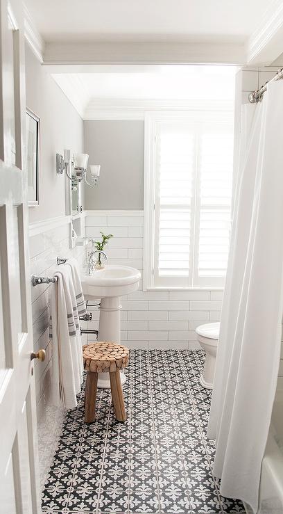 gray-paint-colors-oval-pedestal-sink-black-and-white-bathroom-floor-tiles